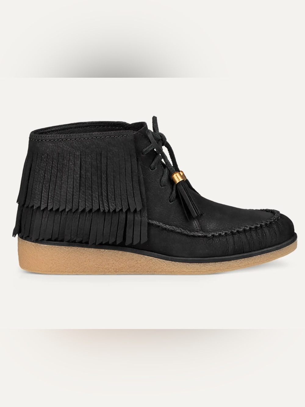 UGG Caleb Black Fringe Nubuck Leather Moccasin Ankle Boot with Crepe Sole